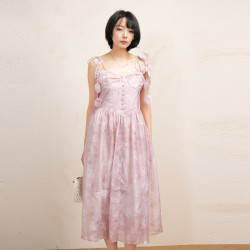 西町村屋 仙气花瓣飘带吊带裙女夏季新款法式印花连衣裙AB9404030 粉色 L 165/88A