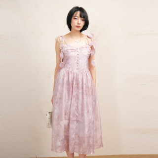 西町村屋 仙气花瓣飘带吊带裙女夏季新款法式印花连衣裙AB9404030 粉色 L 165/88A