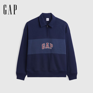 Gap 盖璞 logo刺绣撞色宽松polo领卫衣 海军蓝 S