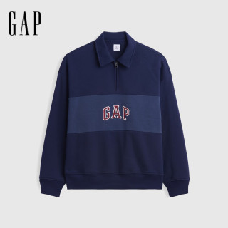 Gap 盖璞 logo刺绣撞色宽松polo领卫衣 海军蓝 S