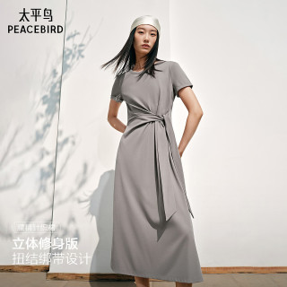 太平鸟 女装连衣裙短袖针织夏长款裙子休闲通勤开叉长裙 灰色 L