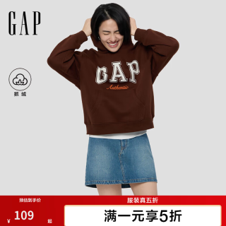 Gap 女装2025秋季撞色Logo宽松抓绒套头连帽衫卫衣上衣792499 棕色 S (160/84A) 亚洲尺码