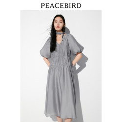 太平鸟 女装莱赛尔V领连衣裙2024夏超仙小白裙法式度假茶歇裙 灰色 L