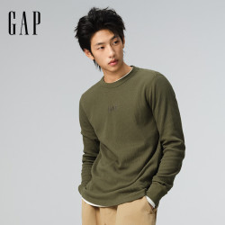 Gap 男女装秋季LOGO华夫格长袖T恤休闲常规上衣美版795644 军绿色 S 美码 M亚洲码175/92A