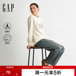 Gap 男女装秋季防泼水印花logo宽松圆领长袖T恤上衣854656 象牙白 L (175/96A)亚洲尺码