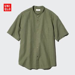 优衣库 棉麻立领衬衫/短袖男装女装衬衣482485 57 深橄榄色 4XL
