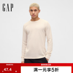 Gap 男女装秋季LOGO华夫格长袖T恤休闲常规上衣美版795644 米色 L 美码 XL亚洲码185/104A