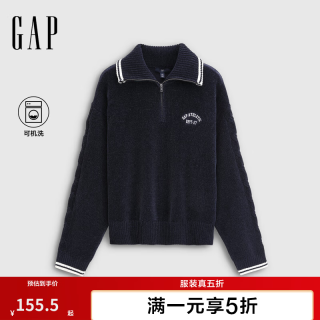 Gap 女装2025秋季logo刺绣宽松雪尼尔半开襟针织衫上衣793680 海军蓝 M (165/88A)亚洲尺码