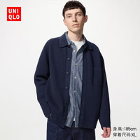 优衣库 罗纹衬衫式针织开衫长袖男装衬衣空调衫毛衣毛衫外套487156 69 藏青色 XL