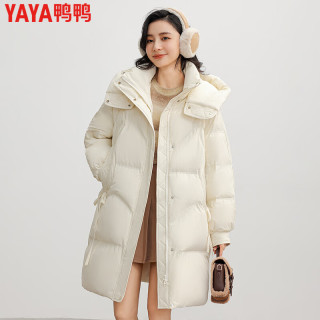 鸭鸭羽绒服 鸭鸭（YAYA）户外防寒保暖纯色大口袋羽绒服女中长款冬季时尚连帽宽松休闲外套 米色 M