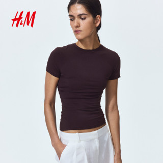H&M HM女装T恤正肩时尚气质柔软舒适修身弹力短袖内搭打底上衣1347186