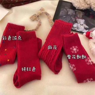 白糖年糕 秋冬加厚保暖女袜红色纯色中筒袜日系可爱卡通圣诞款长筒袜 5双装