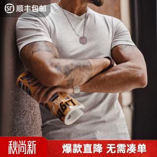 马登 工装纯色莱赛尔凉感短袖T恤男士秋季v领收袖口黑色速干修身健身 花灰色