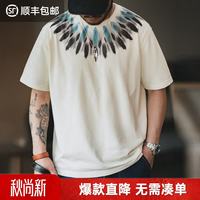 马登 印第安民族风印花T恤男重磅纯棉圆领短袖秋季宽松透气半袖衫