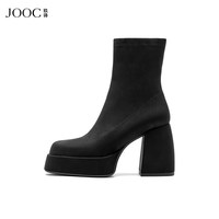 移动端：JOOC 粗跟弹力靴女秋冬黑色短靴气质防水台袜靴瘦瘦靴