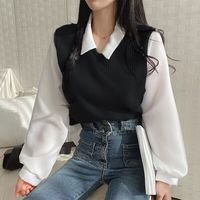 BURQAMARCH 假两件设计 黑色 L 女士T恤