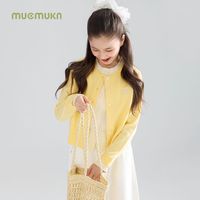MUCMUKN 木可早秋假两件羊毛混纺蝴蝶结毛衣开衫女童26秋 奶黄色 110 cm