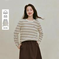 茵曼 亚麻棉|渐变条纹长袖T恤2026秋季女装新款松弛感圆领正肩上衣