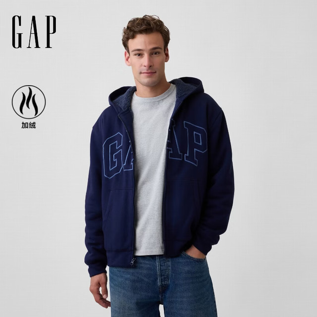 Gap 男女装秋logo刺绣加绒宽松连帽卫衣美版000910111