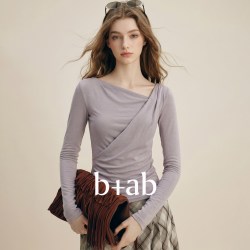 b+ab it b+ab浅紫色不规则斜领褶皱收腰T恤女2026秋季新款修身内搭上衣