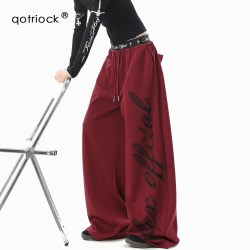 QOTRIOCK 国潮重磅双腰头印花休闲裤男女秋季潮街头撞色阔腿裤jazz跳舞卫裤