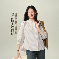 佐丹奴 设计师款佐丹奴日系风条纹衬衫女宽松廓形圆领七分袖上衣18346620
