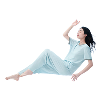松山棉店 小薄荷罗纹女士短袖带胸垫家居服套装 粉色 L(165)