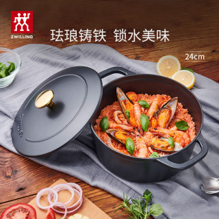 双立人 珐琅铸铁锅汤锅炖锅双耳煲汤锅平底锅烹饪锅具电磁炉燃气通用 哑光黑 24cm