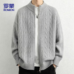 罗蒙 针织衫男士秋季新款立领老钱风开衫毛衣男外套爸爸装7057浅灰2XL