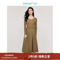 茵曼 针织拼接百褶连衣裙2026春秋季女装新品收腰显瘦长袖中长款裙子 深军绿 M
