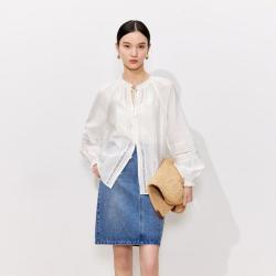 VERO MODA 26夏新品飘带蕾丝拼接落肩灯笼袖宽松百搭衬衫女