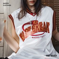 马登 夏日高街运动宽松篮球服复古撞色T恤无袖慵懒球衣坎肩背心女