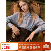 ELLE kids 法式撞色条纹衬衫女童秋季新款精致绣花学院风上衣