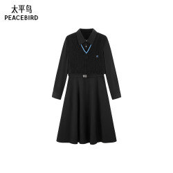 太平鸟 女装长裙冬季款毛衫拼接衬衫连衣裙A1FAE4432 黑色 M