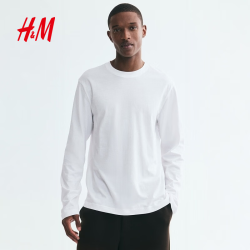 H&M 男装女装T恤夏季时尚圆领柔软棉质宽松长袖上衣打底衫1029317 白色 175/100