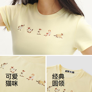 森马 109326100017 小猫印花 短款紧身正肩 女士T恤