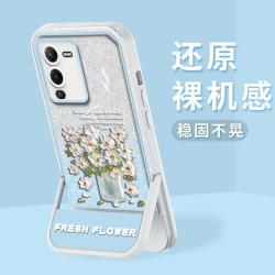适用vivo S15 支架闪粉油画花半透硅胶软壳全包摄像头