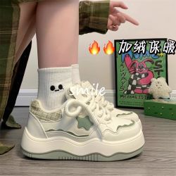 抹茶绿星星加绒板鞋女厚底百搭女鞋休闲保暖鞋子女款爆款2026新款