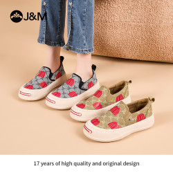 J&M 2026年春季新款乐福鞋老花纹印花帆布鞋女鞋87811W