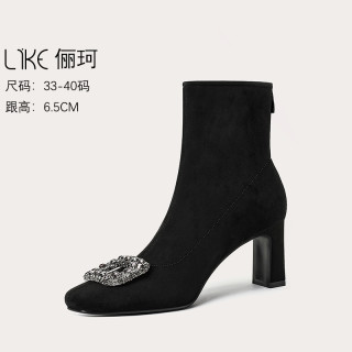 高跟短靴子女2026秋冬新款粗跟后拉链方头洋气黑色百搭单靴瘦瘦靴