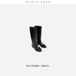 726392黑色时尚长筒筒靴百搭女士真皮圆头长靴女款