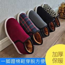 冬季加绒加厚老北京手工布棉鞋防滑底中老年一脚蹬保暖套脚棉鞋