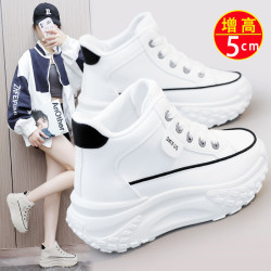 增高圆头鞋子女款2026流行黑色厚底新款鞋百搭白鞋高帮鞋运动鞋