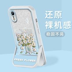 适用苹果XR 支架闪粉油画花半透硅胶软壳全包摄像头