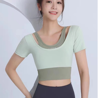 带胸垫假两件健身服短袖长袖女透气健身衣速干紧身运动长袖