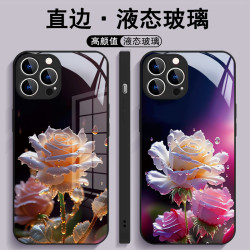 适用苹果/华为/小米/oppo/vivo简约荷花玫瑰昙花朵液态玻璃手机壳