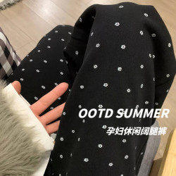 孕妇小花黑色印花直筒阔腿裤春秋季外穿无托腹高腰垂感休闲裤秋装