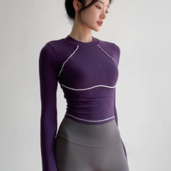 瑜伽服女健身衣长袖慕斯紧身训练运动上衣女时尚网红撞色跑步1123