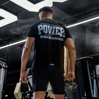 BD.POWER UP +夏季圆领正肩短袖简约美式印花健身运动T恤男宽松