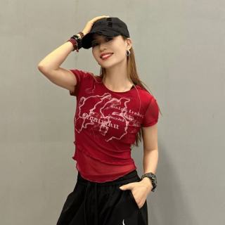 网纱印花圆领短袖T恤显瘦运动上衣短款夏季2025修身弹力韩版